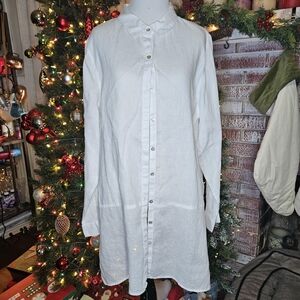 Tahari Top Womens XL White Linen Button-Up Roll Cuff Shirt Tunic 100% Linen